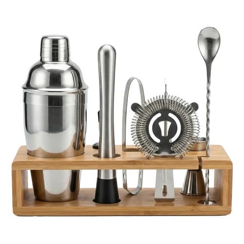 Kit 10 Peças Coqueteleira Em Aço Inox Suporte De Bambu Prateado