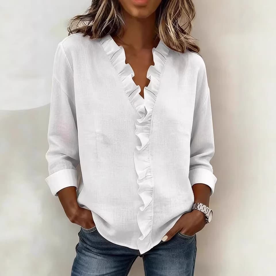 Blusa Feminina Elegante Com Bordas Babados , Camisa De Algodão De Manga Comprida
