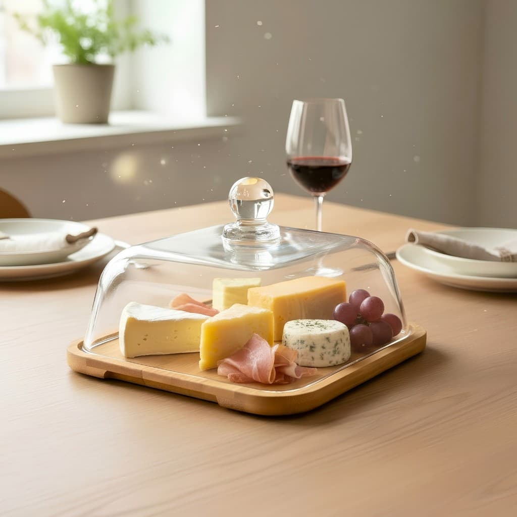 Queijeira Monaco De Cristal Com Base Em Madeira 18,5cm