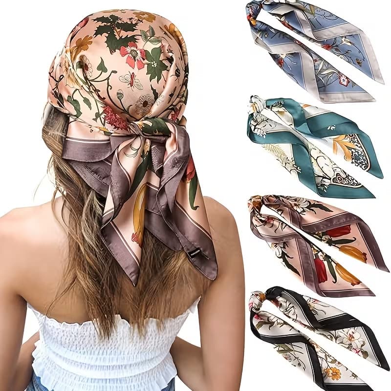 KIT2/3/6 Lenço Feminino de Cetim Estampado Seda Bandana Cabelo Pescoço Bolsa Moda 90x90cm