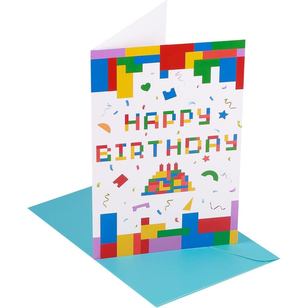 Cartão de Aniversário Temático Blocos de Montar SAVITA, Cartão de Aniversário Colorido com Envelope, Presente e Decoraçã