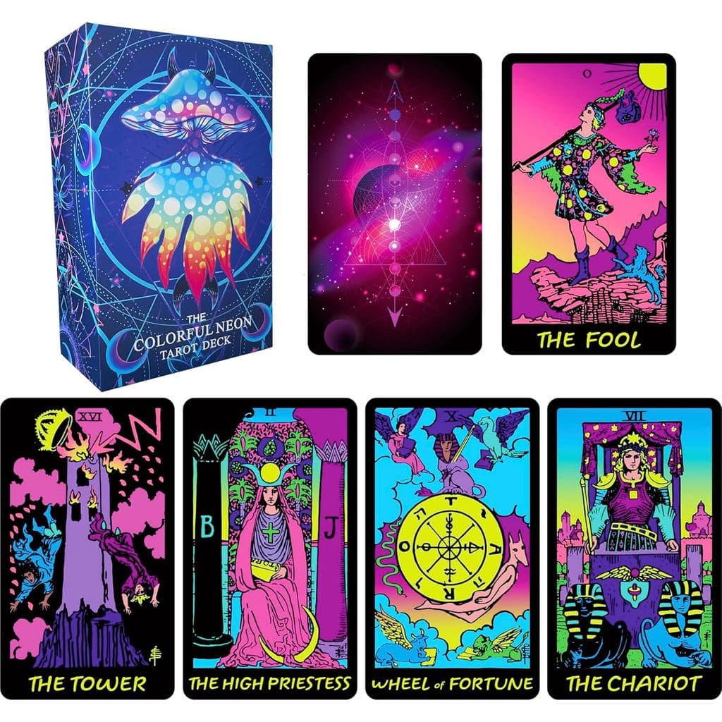 Baralho de Cartas de Tarô Neon Colorido com Livro Guia para Iniciantes - 78 Cartas Clássicas com Significados