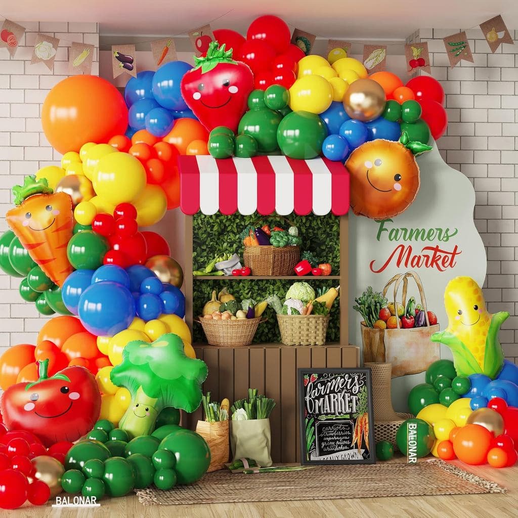 Kit de Arco de Balões de Frutas e Vegetais 138PCS, Guirlanda de Balões Arco-Íris com Balões de Folha Mistos de Morango,