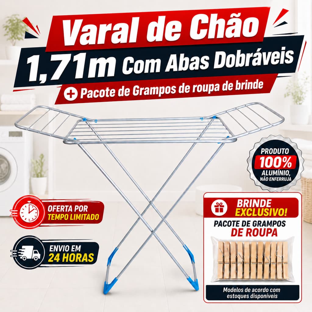 Varal de Chão Gigante Alumínio 1,71m Abas Dobrável + Grampos de Brinde