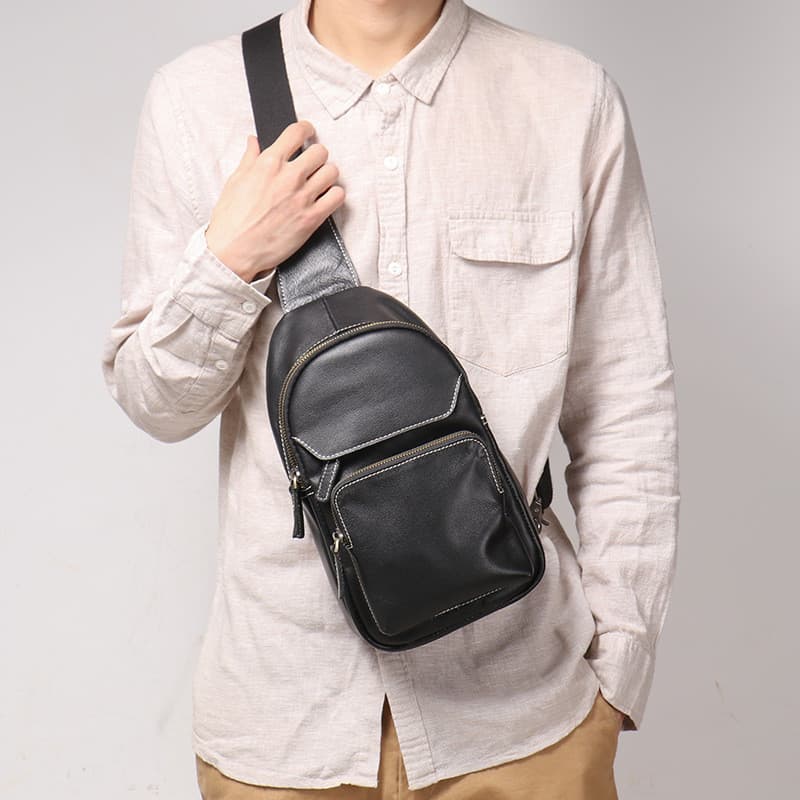 Luojia novo estilo masculino bolsa de peito de couro genuíno Casual esportes Diagonal pequena mochila com furo USB bolsa