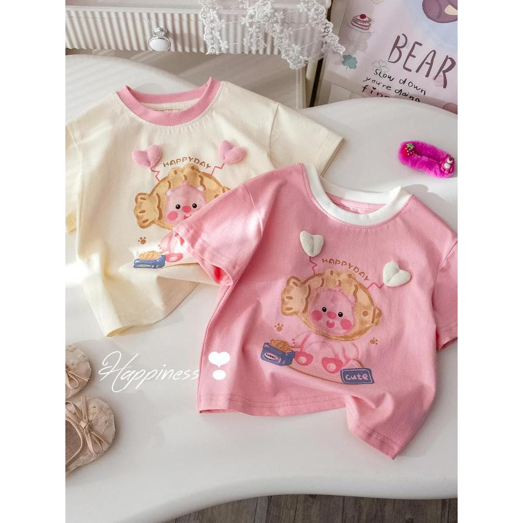 Meninas doce camiseta de manga curta verão novo estilo bebê bonito dos desenhos animados impresso tridimensional amor co