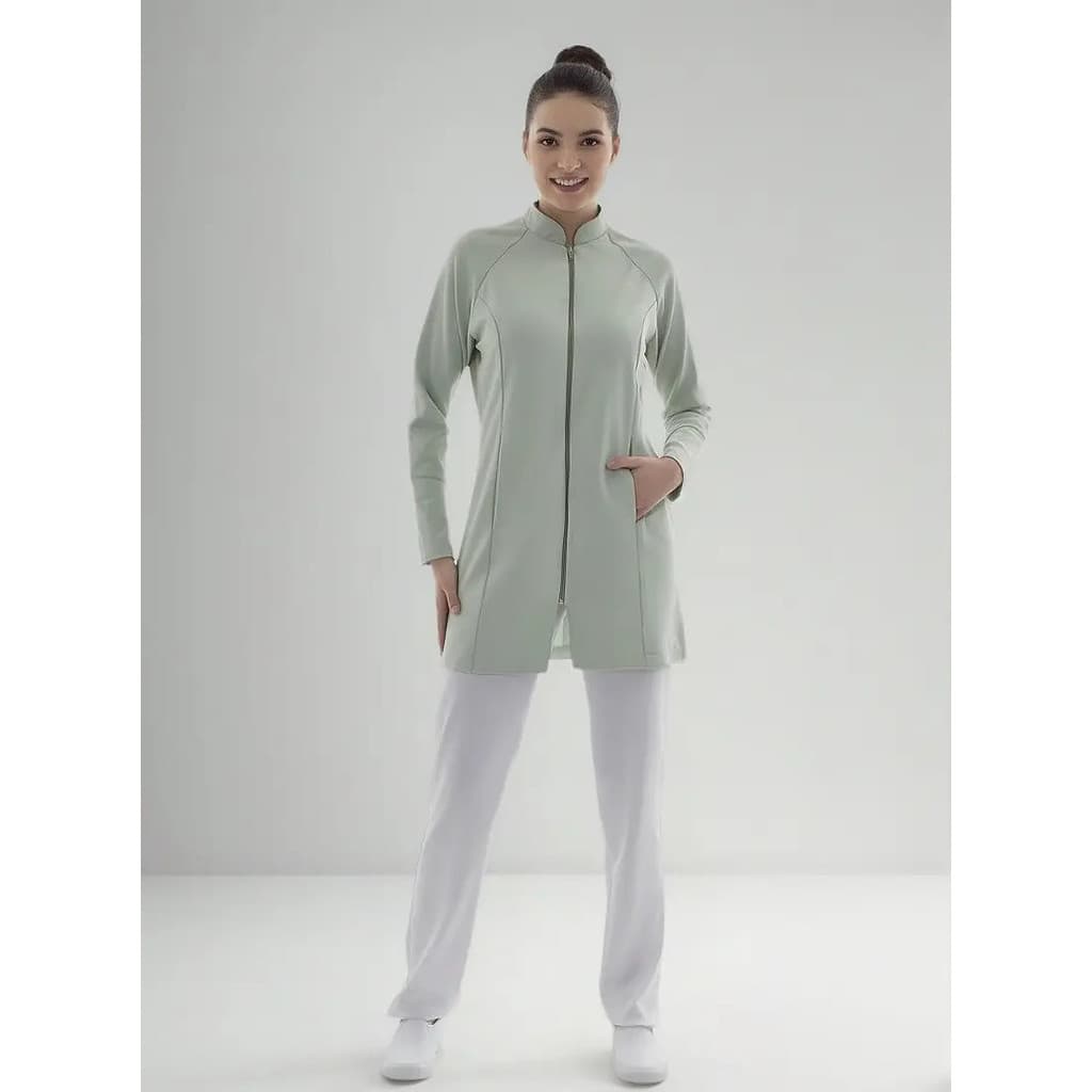 Jaleco Feminino Acinturado Com Zíper Tecido Top Com Elastano