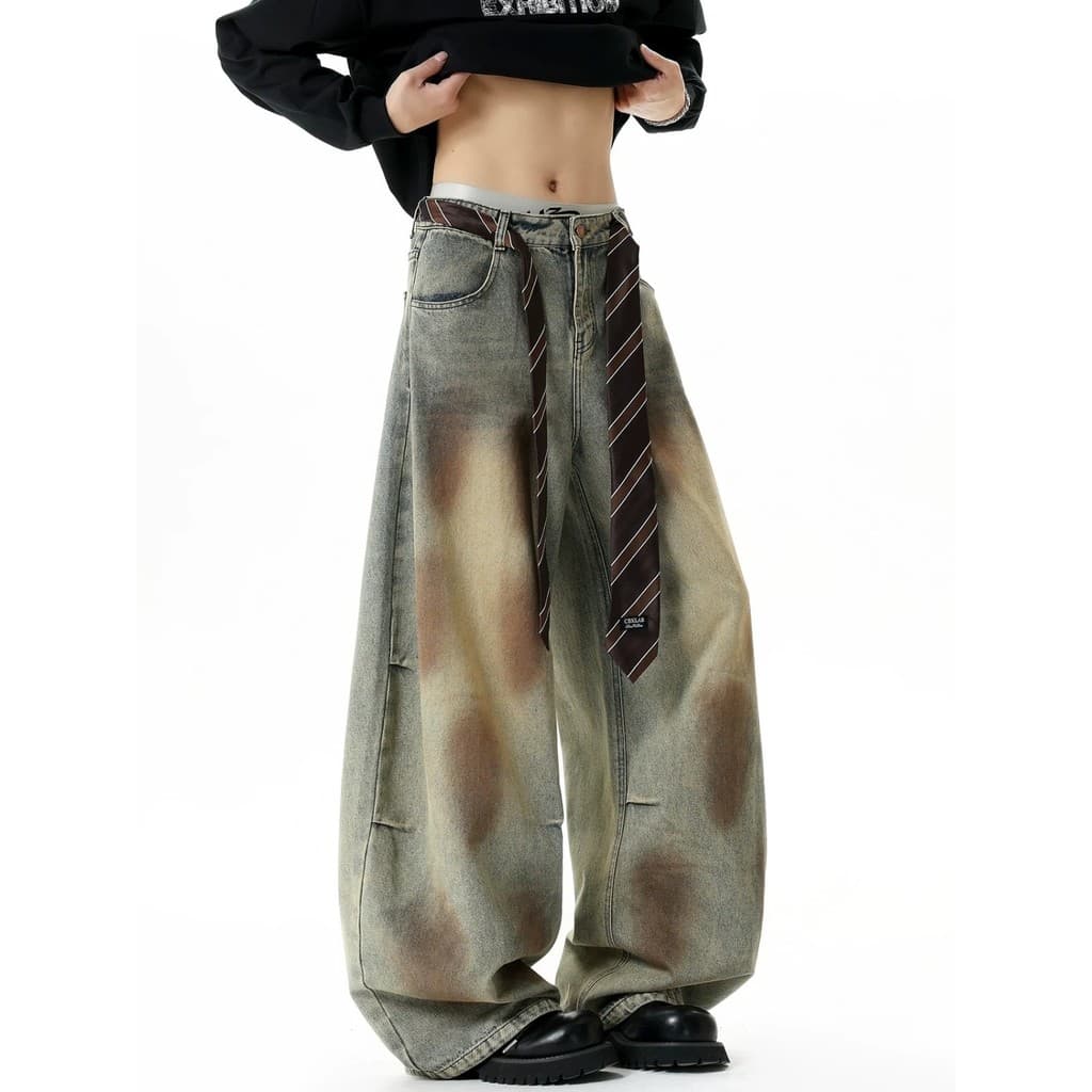 Americano sujo tingido Jeans masculino Retro High Street calças largas perna feminina