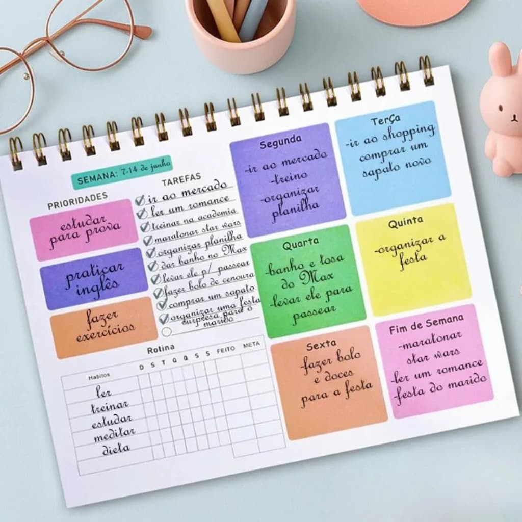 Planner Semanal Colorido Organizador de Tarefas e Hábitos Bloco de Mesa Espiral 50 Folhas Rotina Estudos e Trabalho