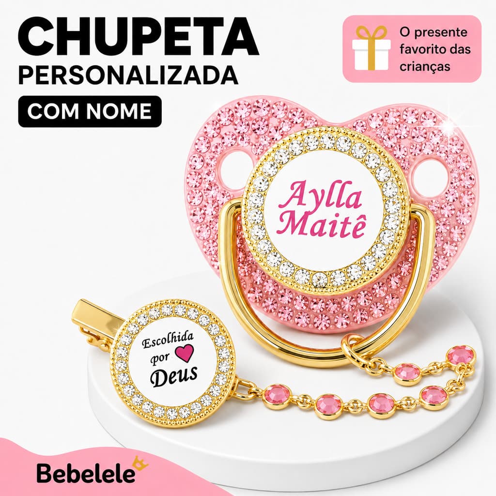 Chupeta de bebê rosa com diamante, inclui clipe de fixação, nome e foto personalizados