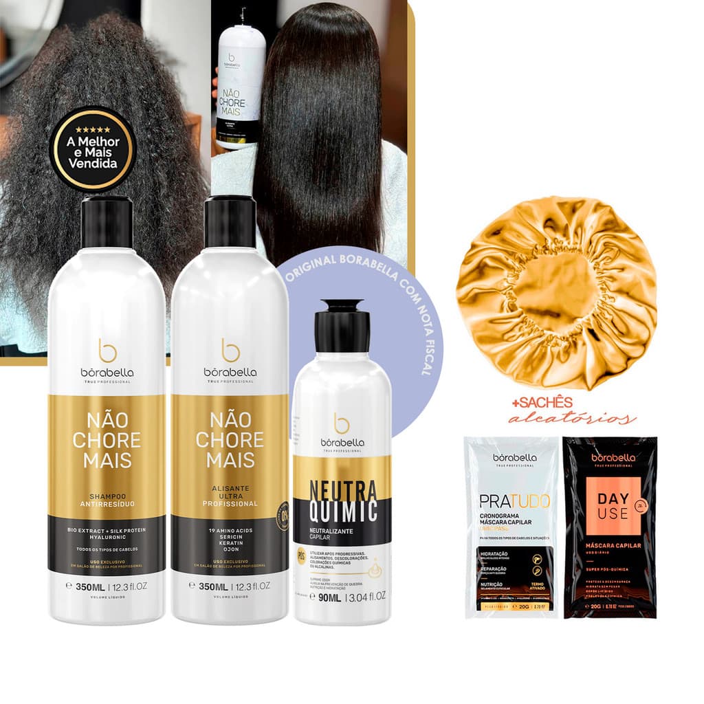 Kit NCM Não Chore Mais Realinhamento Borabella 350ml + Neutraquimic 90ml + Sachês/Touca Cetim