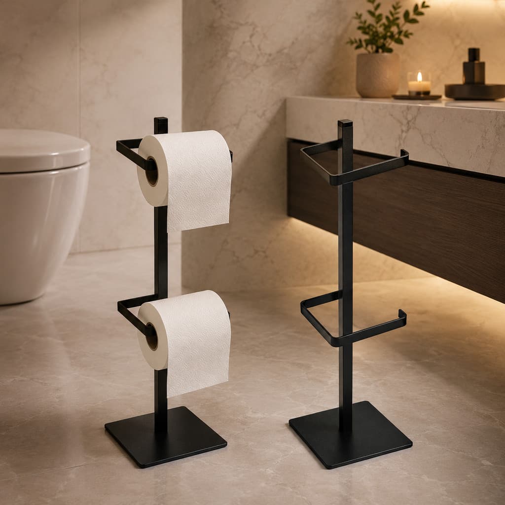 Suporte Porta Papel Higiênico Para Chão Duplo 2 Rolos Preto Fosco