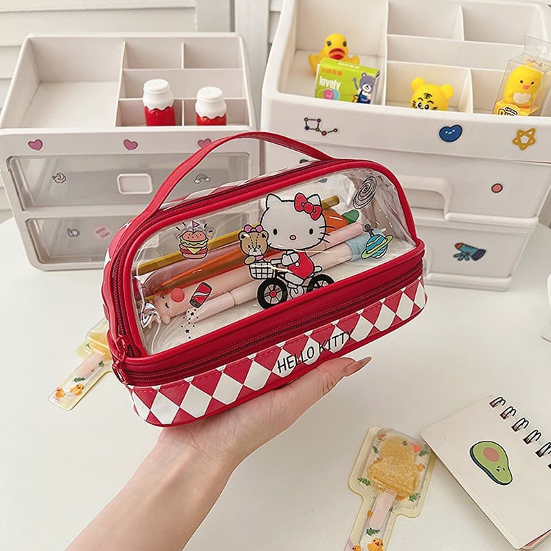 Kawaii Hellokitty Dos Desenhos Animados Kuromi Grande Capacidade Transparente Dupla Camada Lápis Caso Cinnamoroll Papela