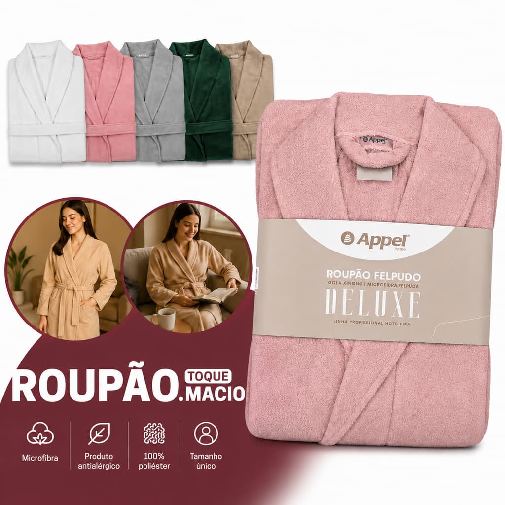 Roupão Microfibra Deluxe Appel Frio Inverno Quentinho Banho Adulto Feminino Masculino C/ Bolso e Cinto