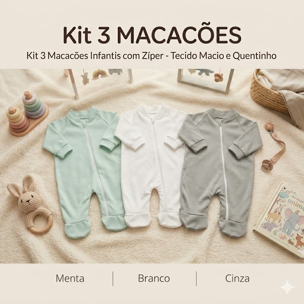 Kit com 3 Macacões Bebê Minimalista Menino Menina Inverno Macio Confortável Unissex 100% poliester