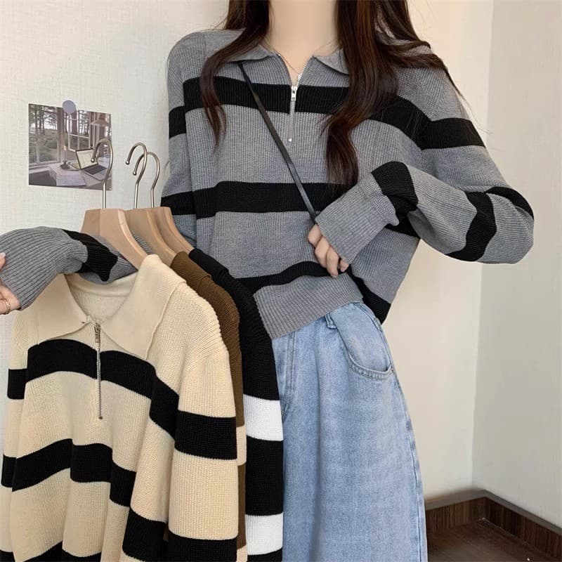 Gola Polo listrado camisola primavera outono novo estilo roupas femininas Design estilo curto único coreano chique chiqu