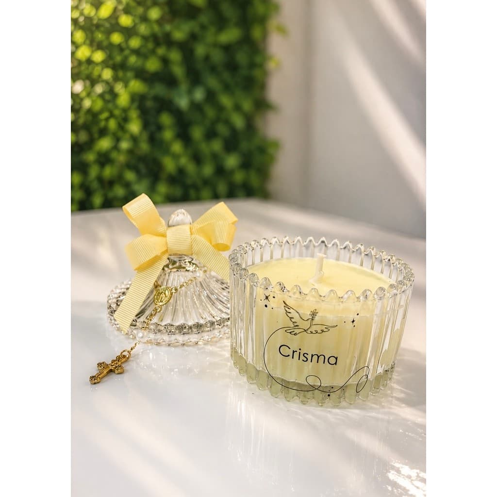 Vela aromática em bomboniere com mini terço