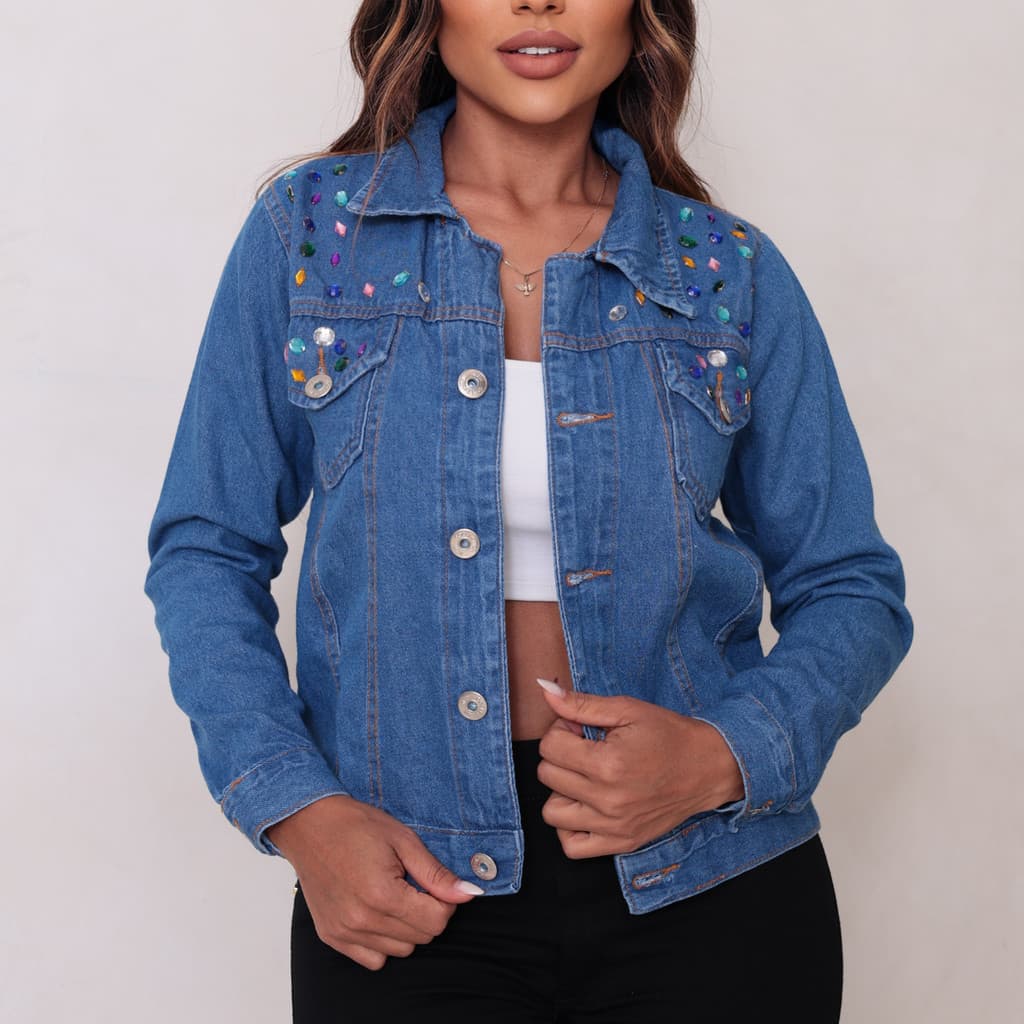 Jaqueta Jeans Feminina Premium Aplicação de Strass