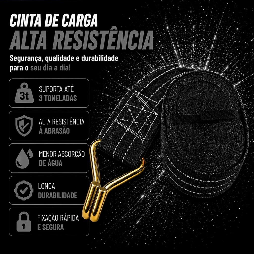 Cinta para Amarração de Cargas 3T 9 Metros com Ganchos Resistentes Reforçados