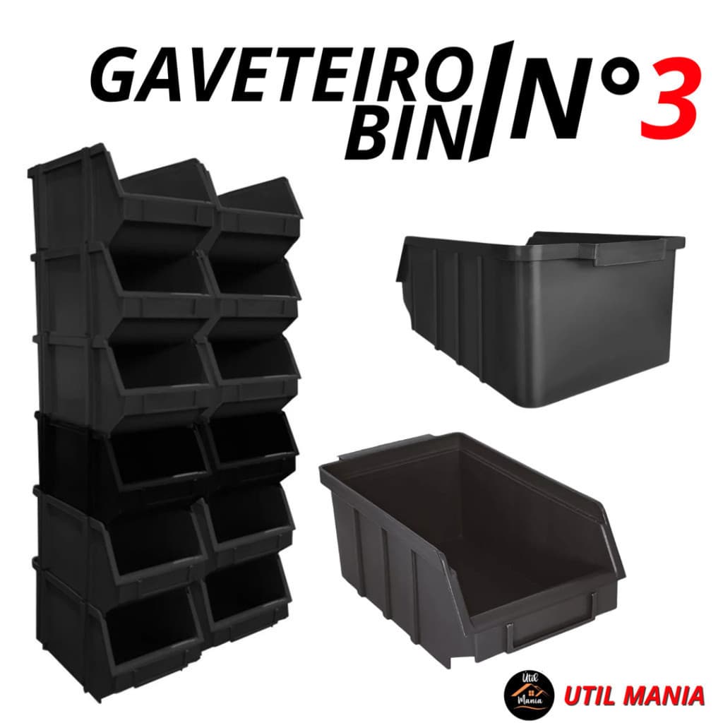 Kit Com 12 Gaveteiros de Plástico Organizador Bin Nº 3 - Preto