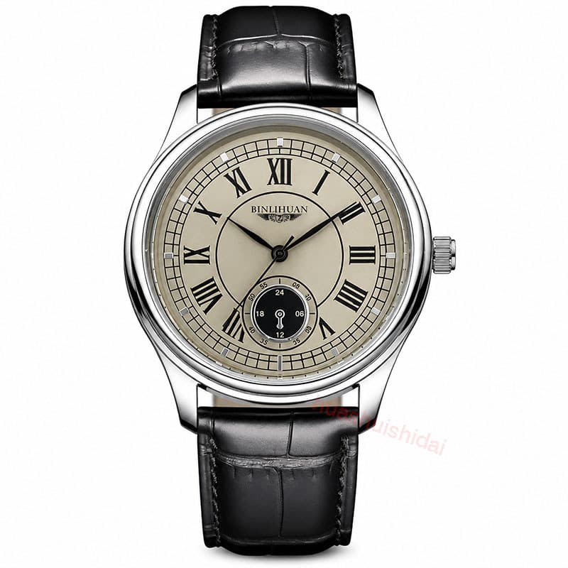 BINLIHUAN Relógio De Quartzo Masculino 42mm Mostrador Numeral Romano Pulseira Estilo Couro Preto 9mm Caso Vestido Leve P