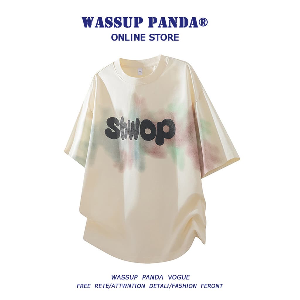 WASSUP PANDA American Gradient Letter Print Camiseta masculina de manga curta verão Street Wear Top solto de meia manga