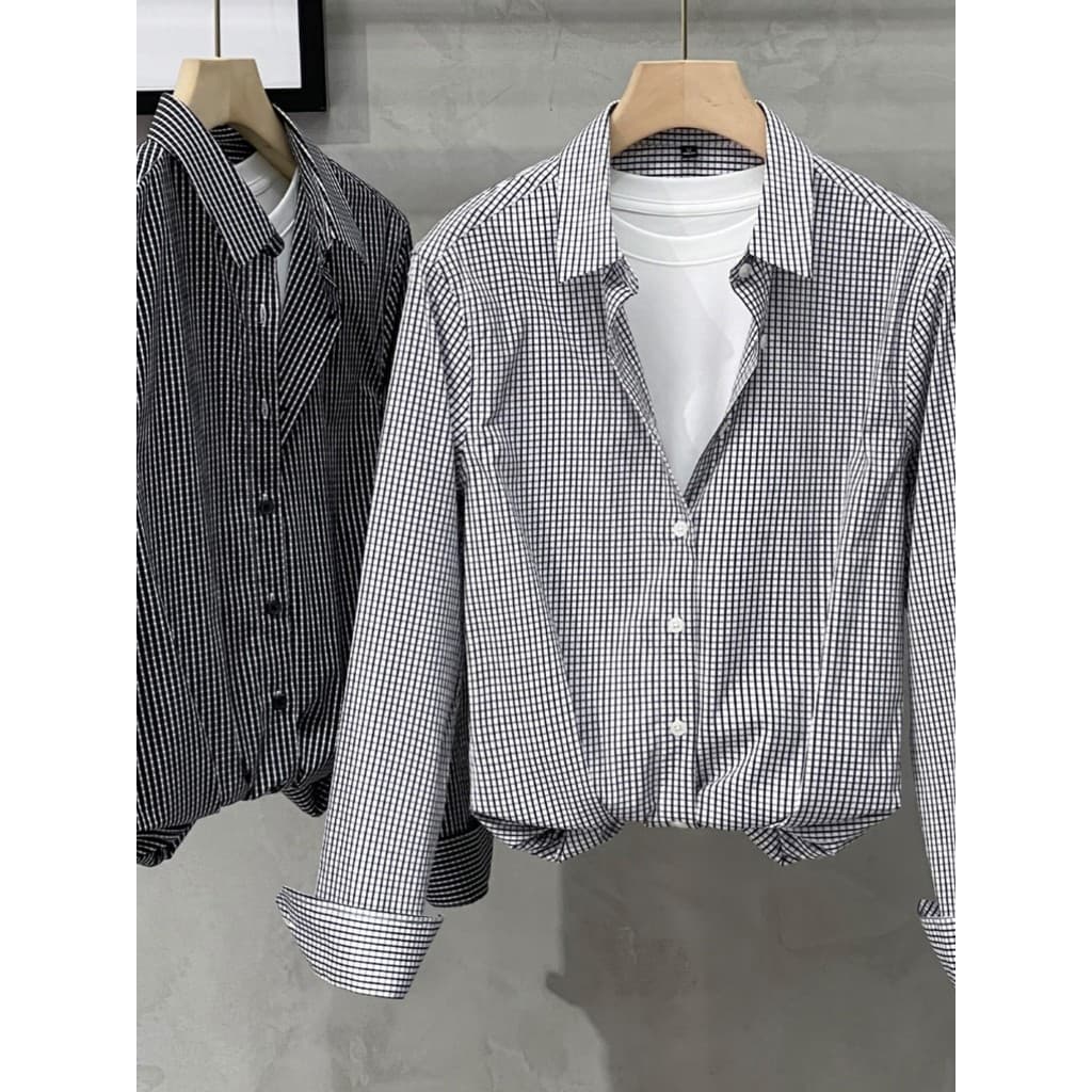 Primavera outono novo estilo versão coreana na moda camisa xadrez fina masculina de manga comprida magro-ajuste superior