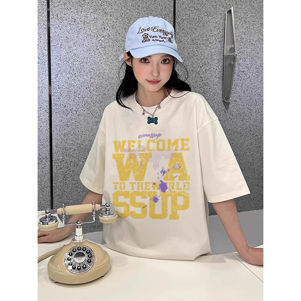 WASSUP Street Wear American Letter Inkjet Camiseta de manga curta feminina verão 2025 novo estilo de algodão pesado casa