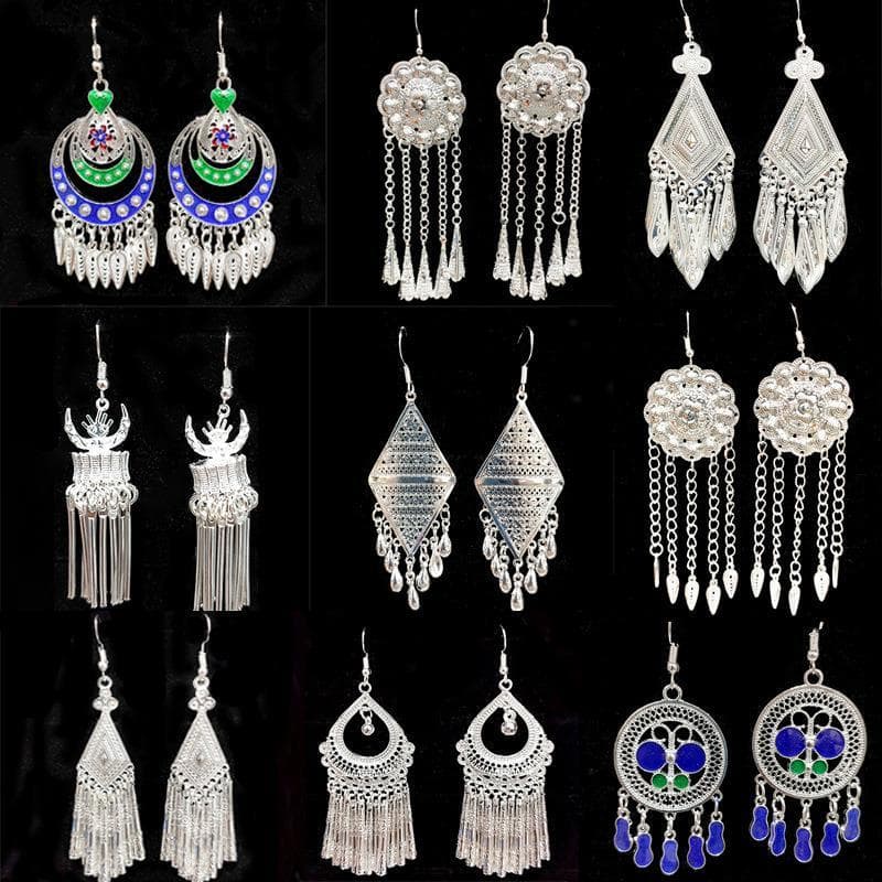 Retro estilo étnico artesanal miao prata borla brincos temperamento feminino Yunnan miao personalidade étnica palco All-
