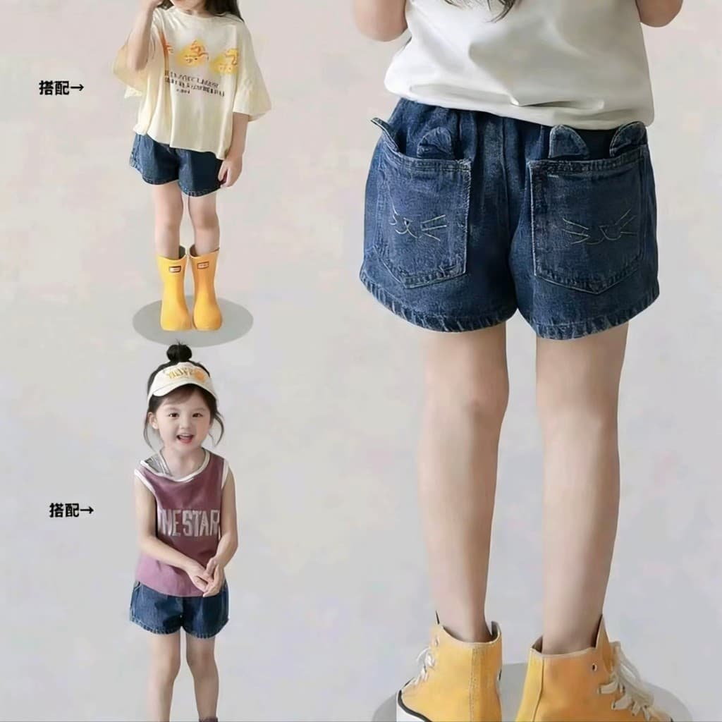 Meninas roupas de verão crianças roupas do bebê bordado gatinho orelhas Denim Shorts 2026 verão novo estilo bebê menina