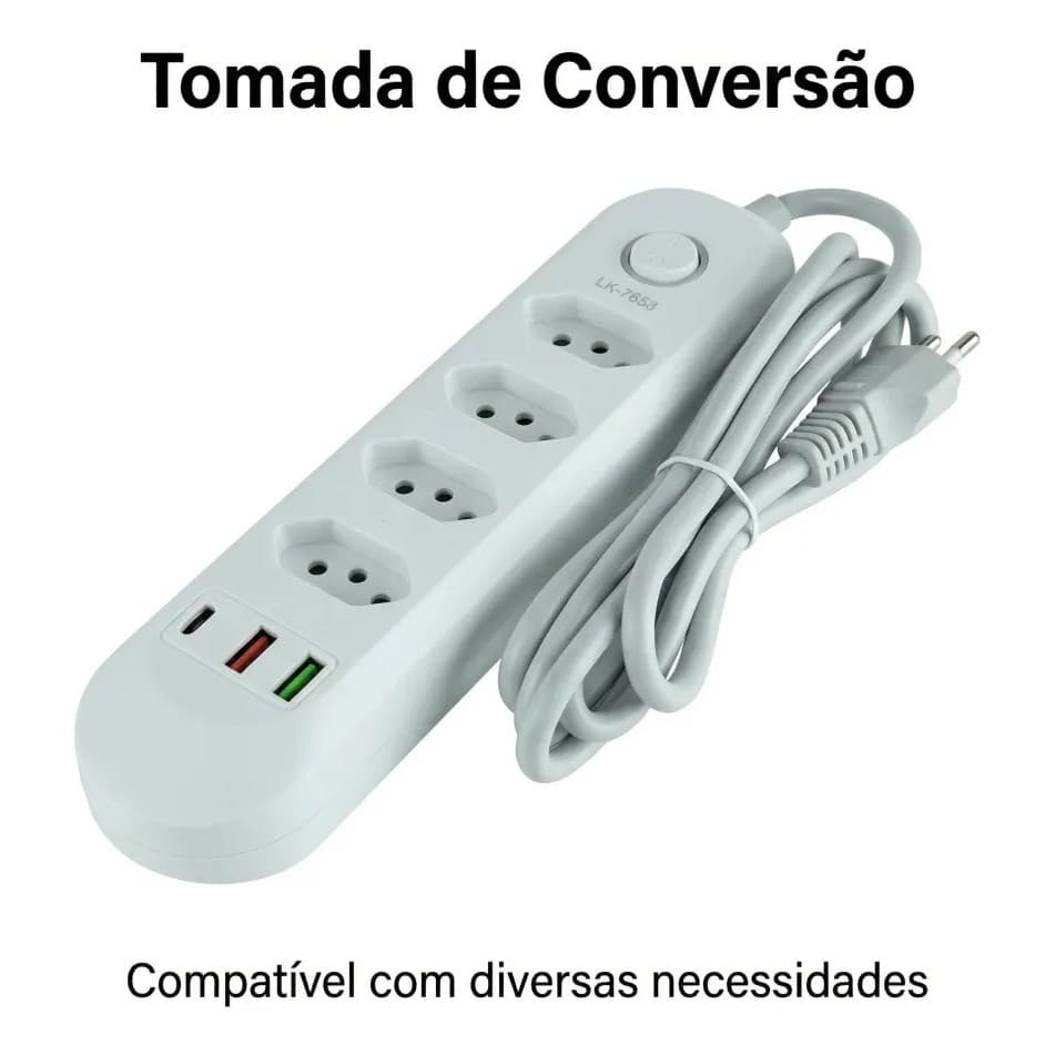 LK-7653 Filtro de Linha Luatek 7 em 1 com 4 Tomadas e 3 USB Bivolt