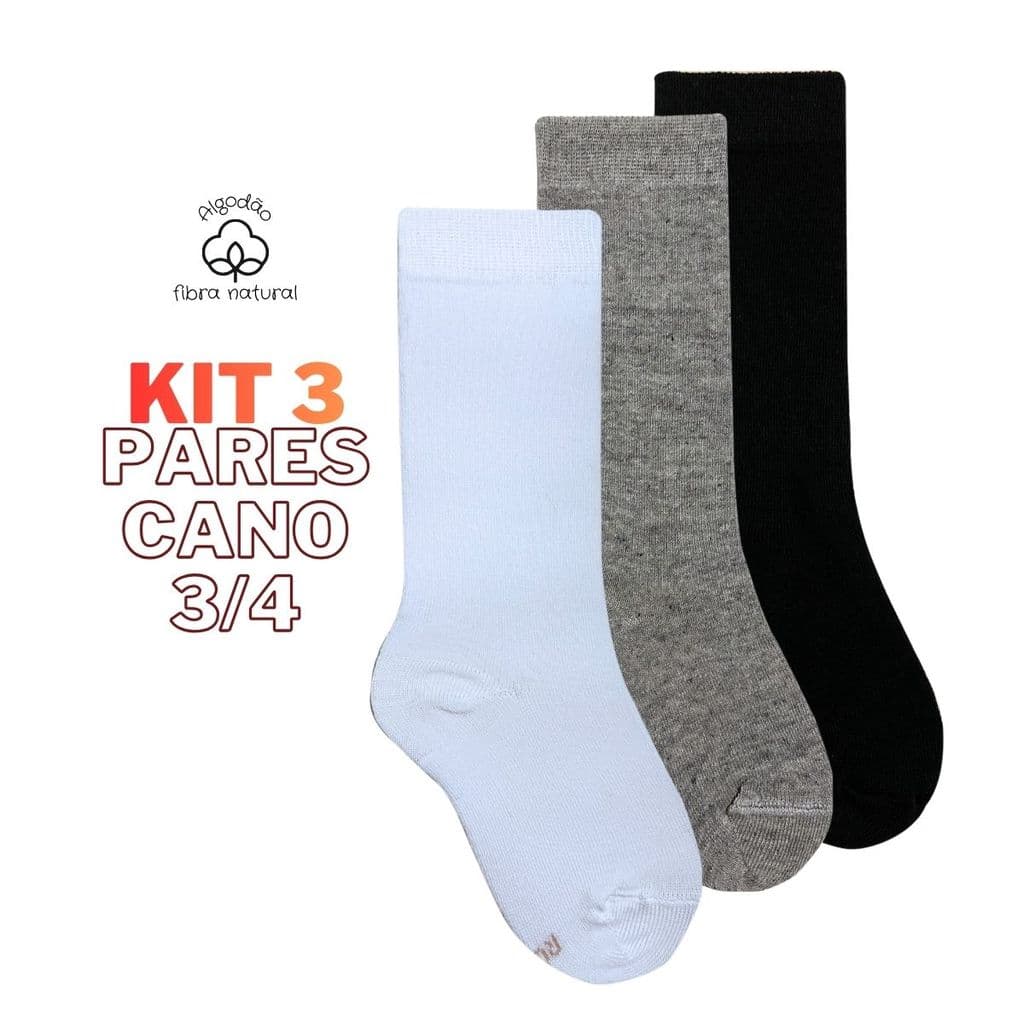 Kit 3 Meias 3/4 Infantil Colorida Lisa
