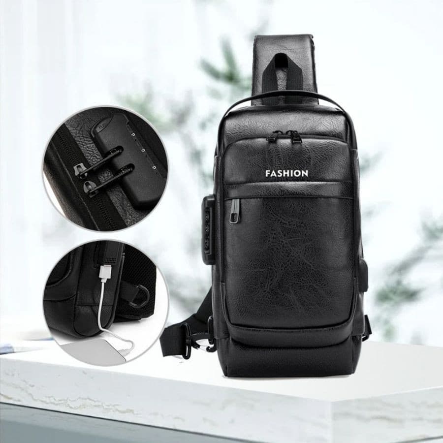 Bolsa Masculina Pochete Transversal Cadeado Ombro Impermeável Couro Antifurto Bolsa de Peito