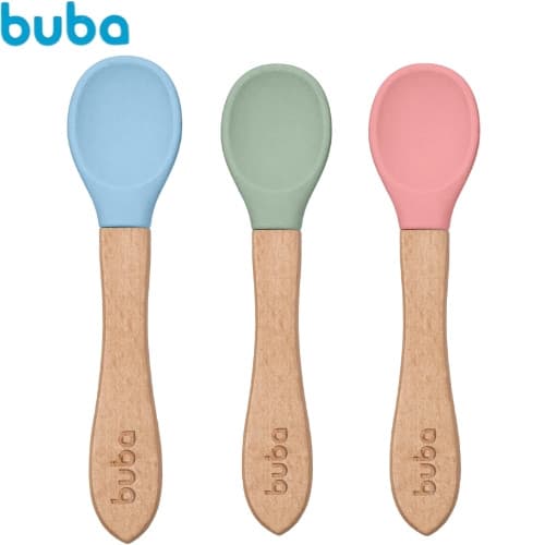 Colher Em Silicone E Bambu Buba Super Macia Infantil Introdução Alimentar Bebê Talher Alimentação.