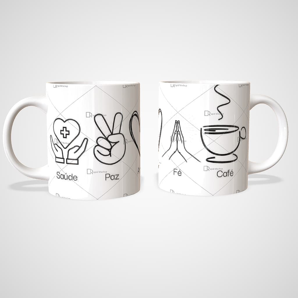 Caneca Minimalista Frase Motivacional saúde paz amor fé e café
