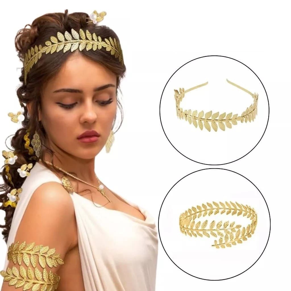 Kit Acessório Fantasia Deusa Grega Romano Coroa + Braceletes