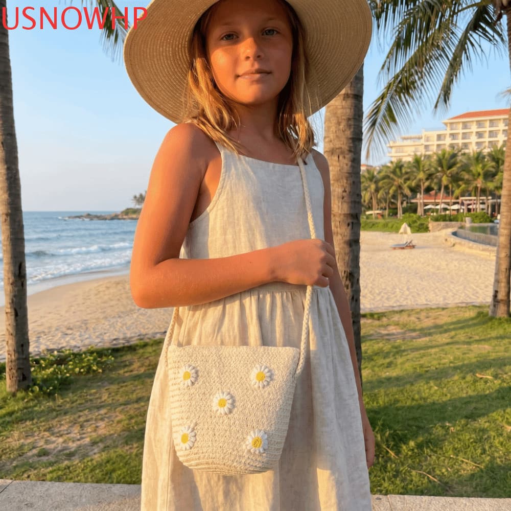 Bolsa De Praia De Palha USNOWHP , Crossbody Com Padrão De Flor De Cor Sólida Design De Tecido Ombro Durável Para Criança