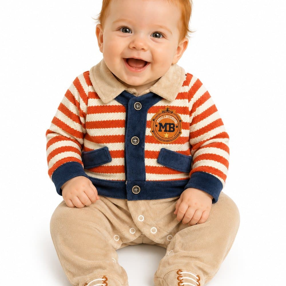 Macacão Bebê Menino Luxo Listrado em Plush Bege e Azul Marinho - M.Baby