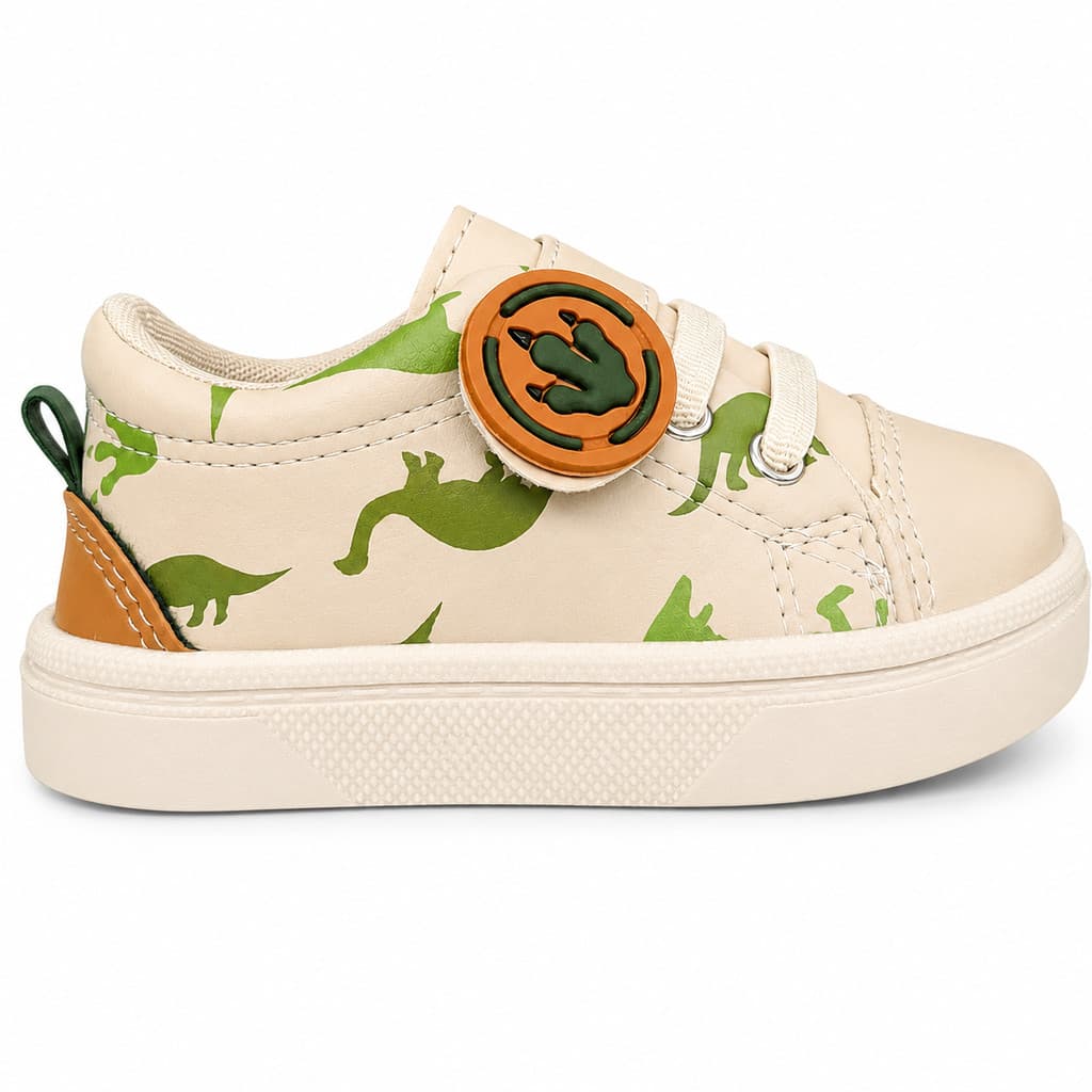 Tênis Infantil Masculino Casual Velcro Confortável Moda Dinossauro Bege Bebês