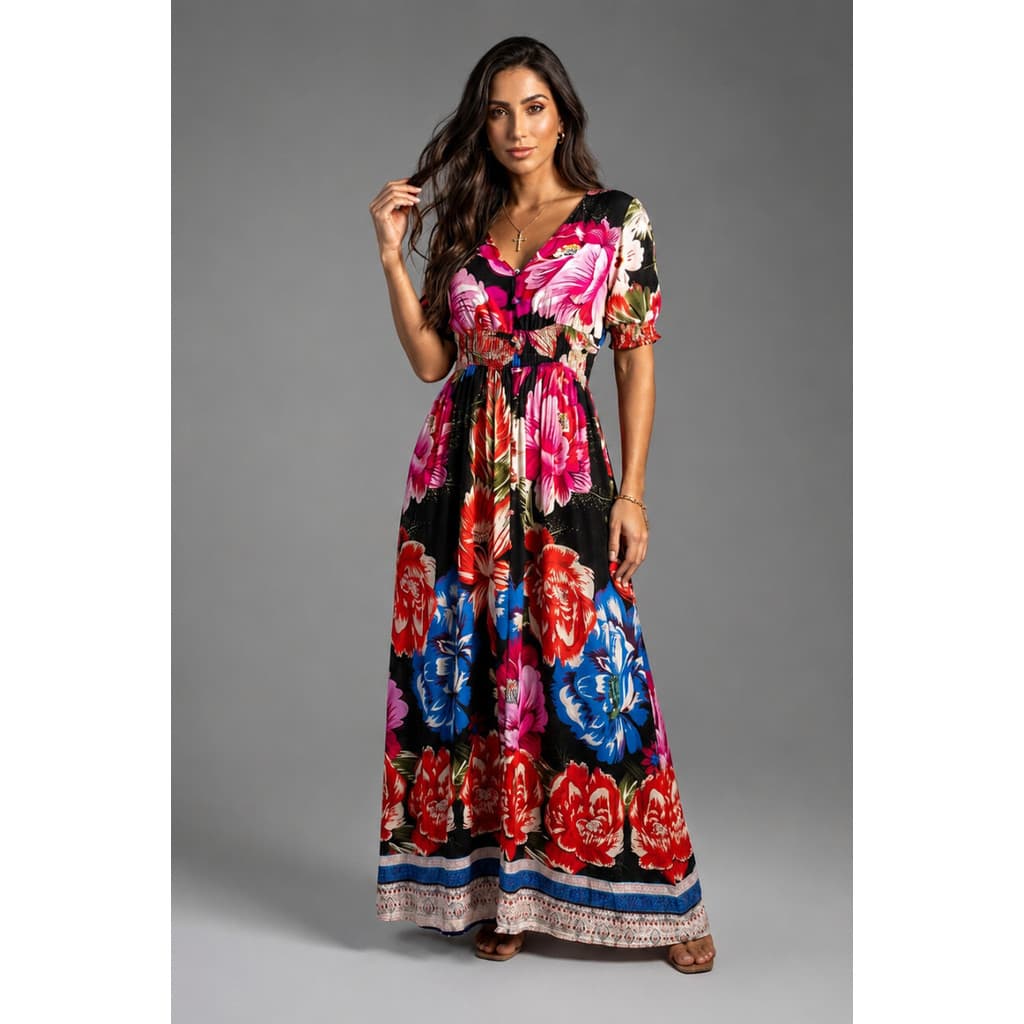 Vestido Longo Floral Manga Curta Casual Elegante-MHI-304
