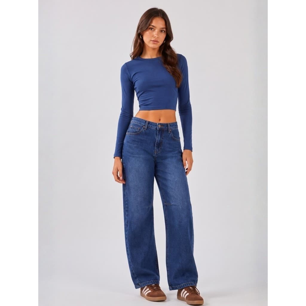Calça Jeans Barrel Feminina Juvenil Cintura Alta Cós Ajustável Modelagem Solta Recorte Joelho