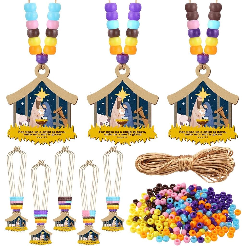 Tondiamo 36 Conjuntos de Kit de Artesanato de Presépio de Natal, Colar de Cruz de Madeira Cristã com Contas e Cordões, C