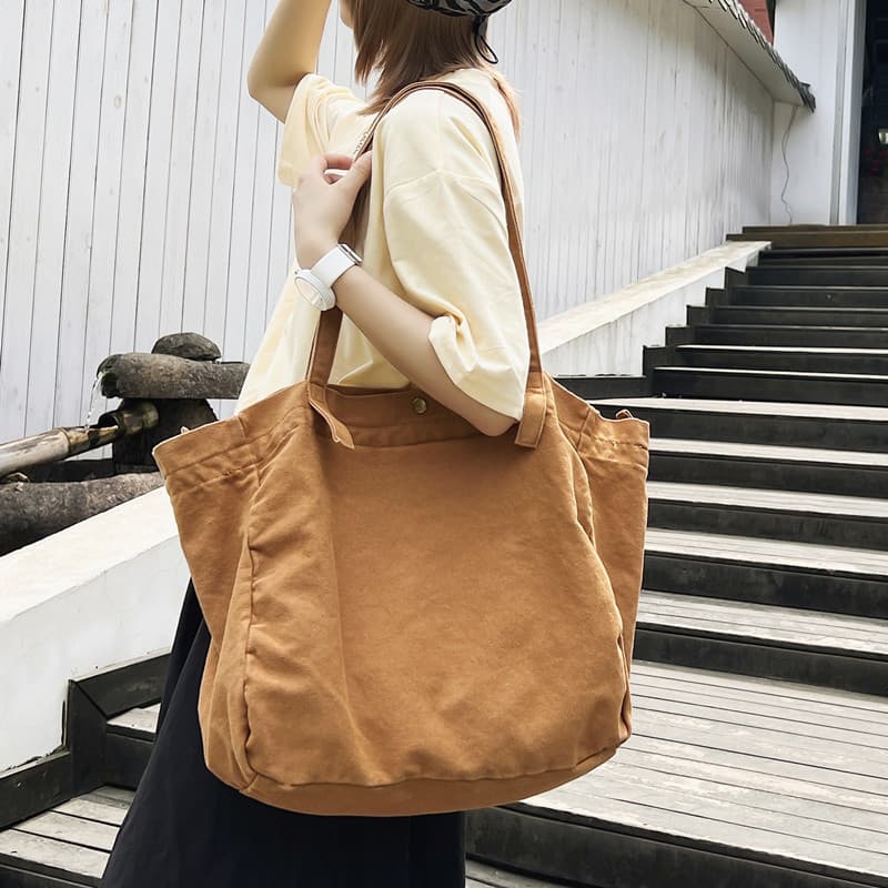 Bolsa Tote de grande capacidade estilo Mori nicho cor sólida Retro lavado bolsa de lona feminina ins estilo classe bolsa
