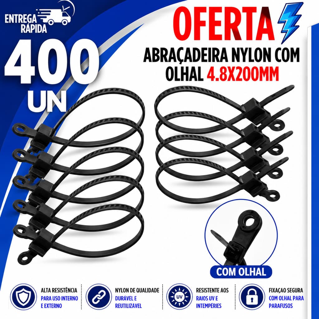 400 Un Abraçadeiras Nylon 4,8x200mm Preta Olhal Enforca Gato Premium
