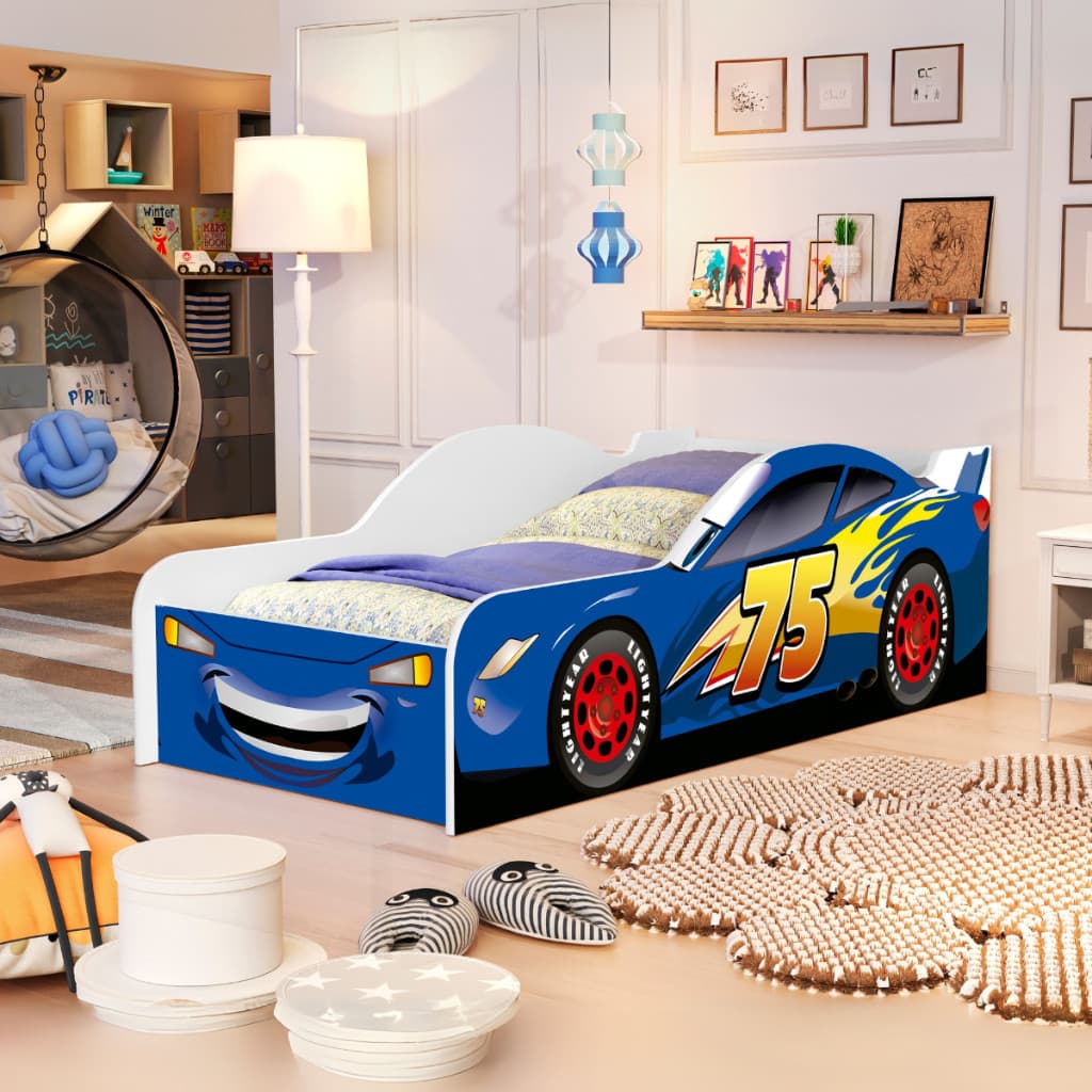 Cama Infantil Cama Carro McQueen Azul Para Quarto Juvenil Feito Em MDF Resistente Grade Proteção
