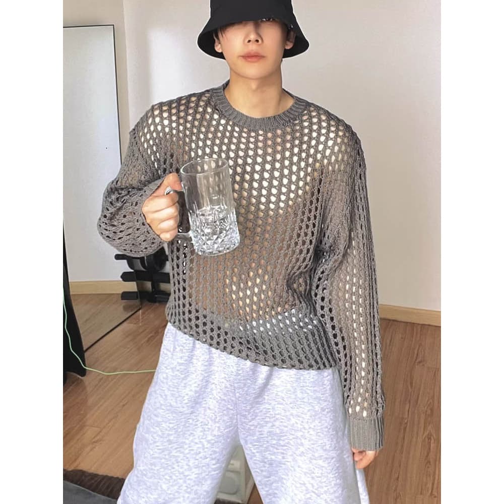 Atmosfera oco malhas masculino malha transparente moletom de manga comprida grande malha em camadas blusa rasgado moleto