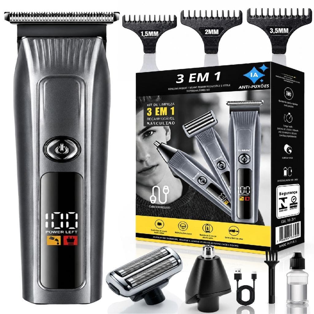 Maquininha Barbeador e Aparador Elétrico 3x1 Cabelo Barba Corpo Nariz Profissional Sem Fio