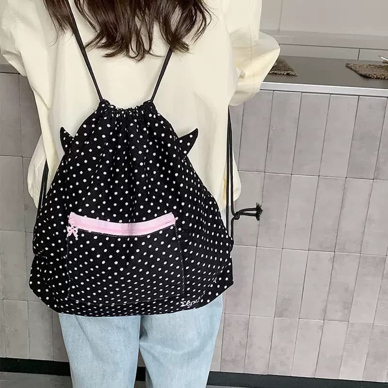 Ins Polka Dot cordão cordão mochila nicho preto mochila simples Casual estudante mochila de grande capacidade