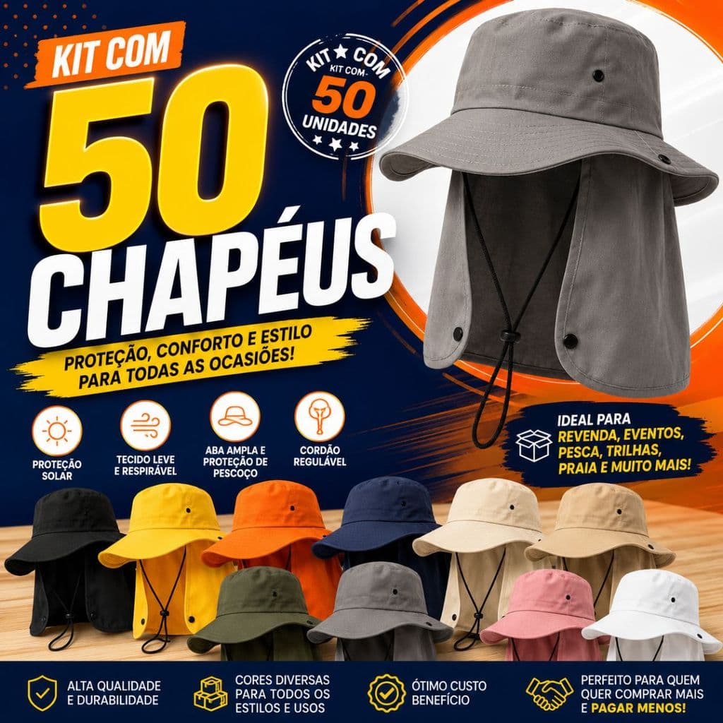 Kit com 50 Unidades – Chapéu Australiano UV com Proteção Solar e Protetor de Nuca