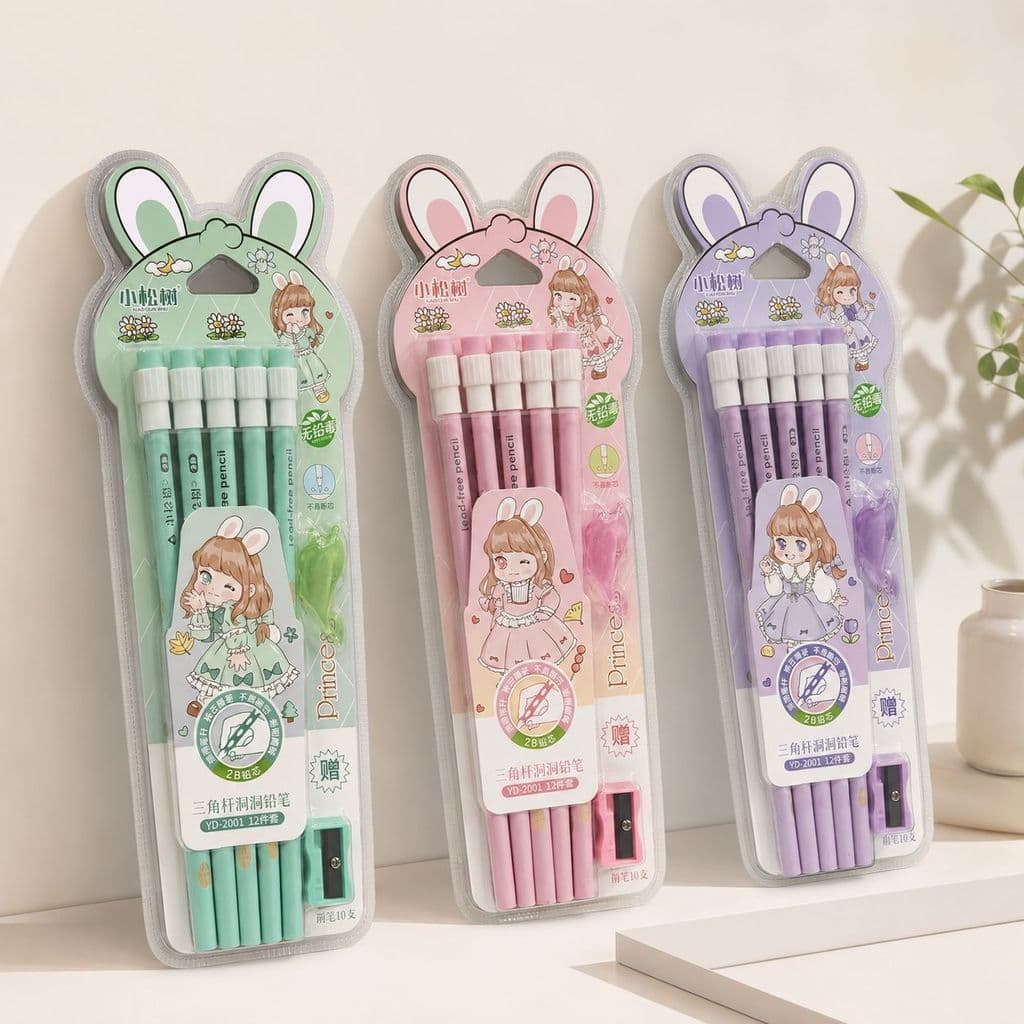 Kit 10 Lápis 2B Kawaii com Borracha Apontador e Pegada Correta Infantil